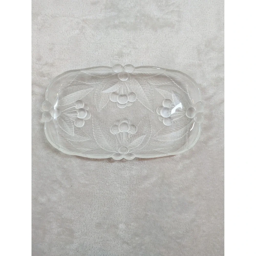 Vintage Frosted Art Glass Tray Cherry Berry Relief French Art Deco Lalique Style